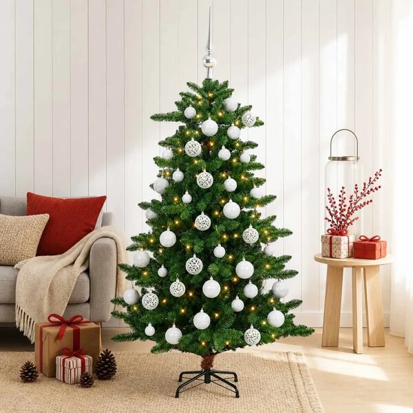 Umjetno božićno drvce s kuglicama 120 cm 150 LED lampica - 120 cm s LED žaruljama i bijelim kuglicama