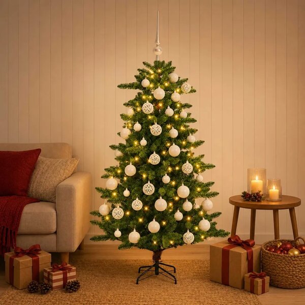 Umjetno božićno drvce s kuglicama 120 cm 150 LED lampica - 120 cm s LED žaruljama i bijelim kuglicama