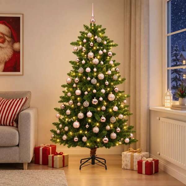 Umjetno božićno drvce s kuglicama 180 cm 300 LED lampica - 180 cm s LED-ima i ružičastim lopticama