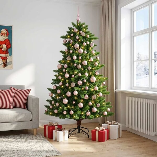 Umjetno božićno drvce s kuglicama 180 cm 300 LED lampica - 180 cm s LED-ima i ružičastim lopticama