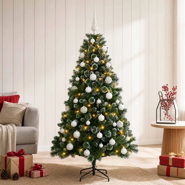 Umjetno božićno drvce s kuglicama 120 cm 150 LED lampica - 120 cm s LED žaruljama i bijelim kuglicama