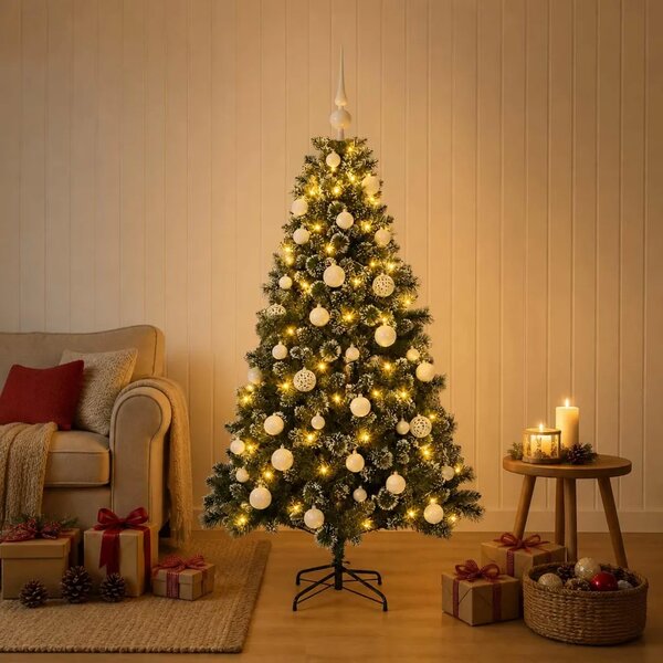 Umjetno božićno drvce s kuglicama 120 cm 150 LED lampica - 120 cm s LED žaruljama i bijelim kuglicama