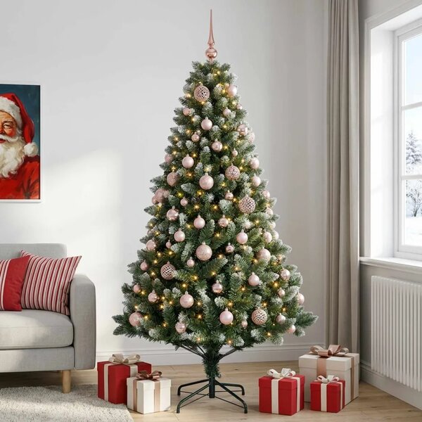 Umjetno božićno drvce s kuglicama 180 cm 300 LED lampica - 180 cm s LED-ima i ružičastim lopticama
