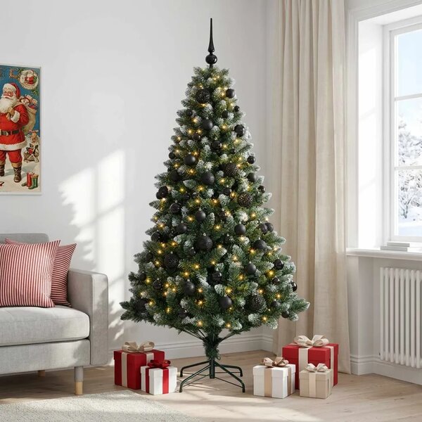 Umjetno božićno drvce s kuglicama 180 cm 300 LED lampica - 180 cm s LED-ima i crnim lopticama