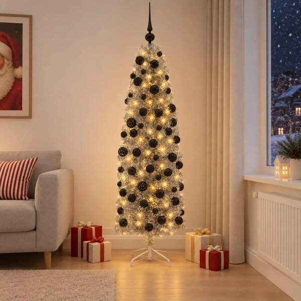 Umjetno usko božićno drvce s kuglicom 180 cm 300 LED lampica - 180 cm s LED-ima i crnim lopticama