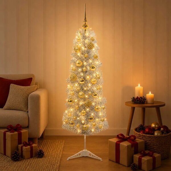 Umjetno usko božićno drvce s kuglicom 150 cm 150 LED lampica - 150 cm s LED-ima i zlatnim/bronzanim kuglicama