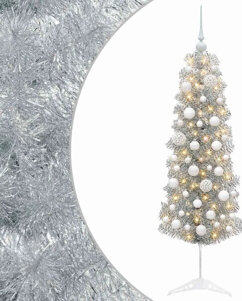 Umjetno usko božićno drvce s kuglicom 150 cm 150 LED lampica - 150 cm s LED žaruljama i bijelim kuglicama