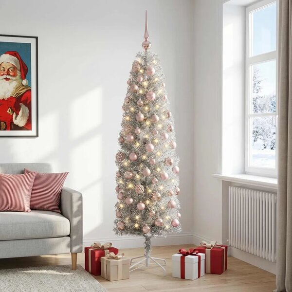 Umjetno usko božićno drvce s kuglicom 180 cm 300 LED lampica - 180 cm s LED-ima i ružičastim lopticama