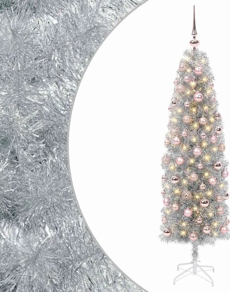 Umjetno usko božićno drvce s kuglicom 180 cm 300 LED lampica - 180 cm s LED-ima i ružičastim lopticama