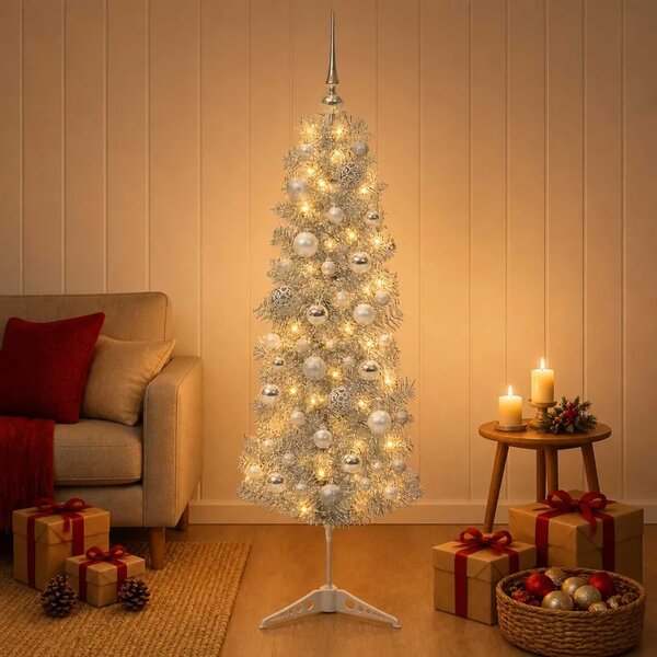 Umjetno usko božićno drvce s kuglicom 150 cm 150 LED lampica - 150 cm s LED-ima i srebrnim lopticama