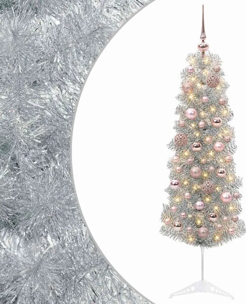 Umjetno usko božićno drvce s kuglicom 150 cm 150 LED lampica - 150 cm s LED-ima i ružičastim lopticama