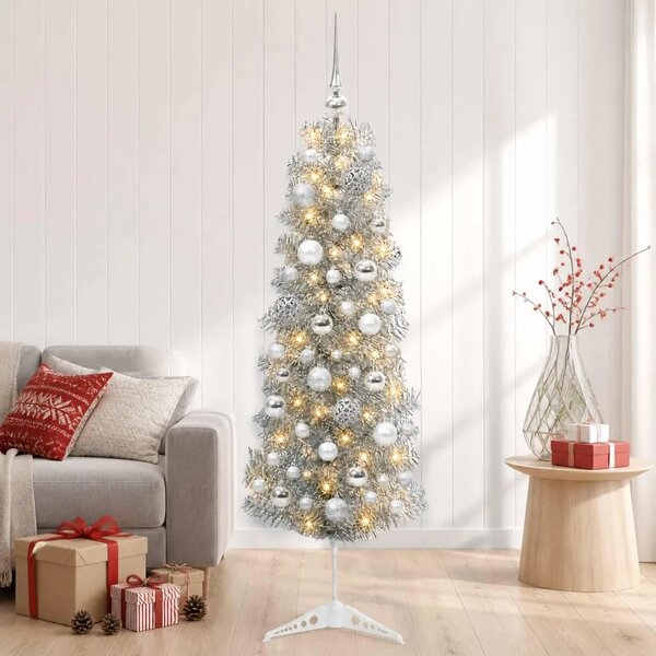 Umjetno usko božićno drvce s kuglicom 150 cm 150 LED lampica - 150 cm s LED-ima i srebrnim lopticama