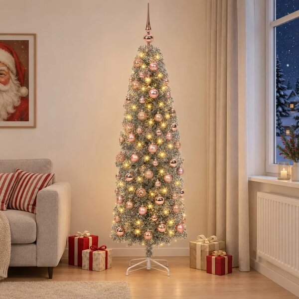 Umjetno usko božićno drvce s kuglicom 180 cm 300 LED lampica - 180 cm s LED-ima i ružičastim lopticama