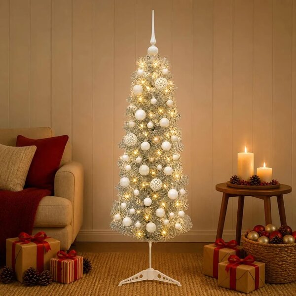 Umjetno usko božićno drvce s kuglicom 150 cm 150 LED lampica - 150 cm s LED žaruljama i bijelim kuglicama