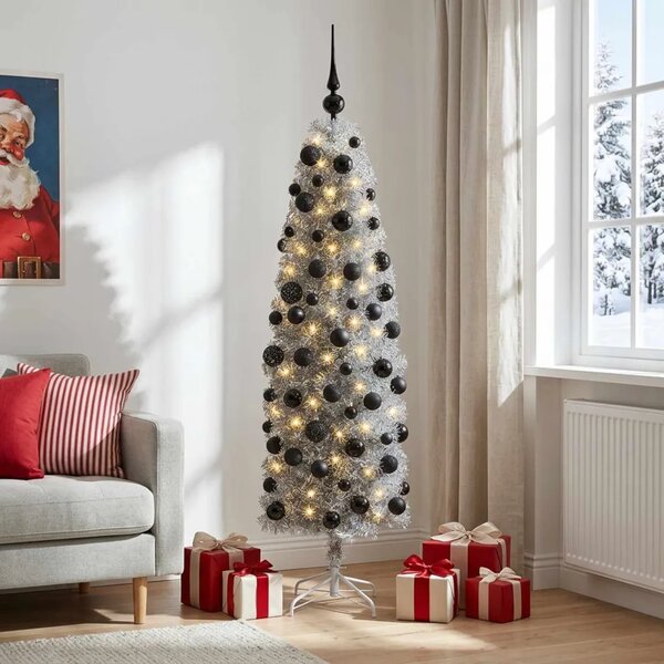 Umjetno usko božićno drvce s kuglicom 180 cm 300 LED lampica - 180 cm s LED-ima i crnim lopticama