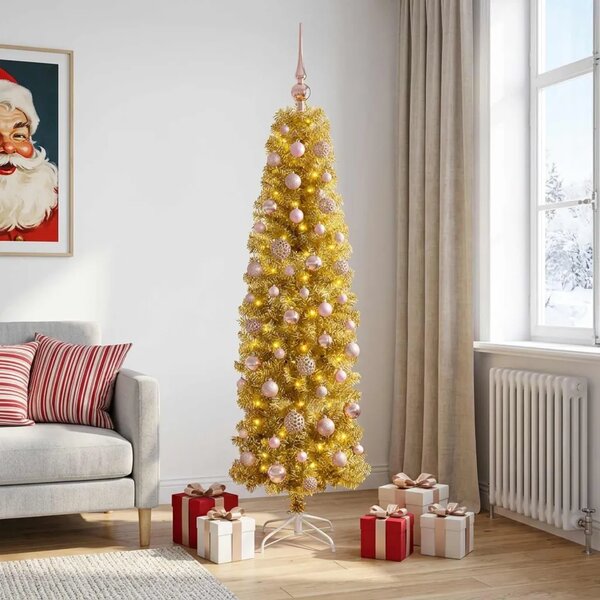 Umjetno usko božićno drvce s kuglicama 180 cm 300 LED lampica - 180 cm s LED-ima i ružičastim lopticama