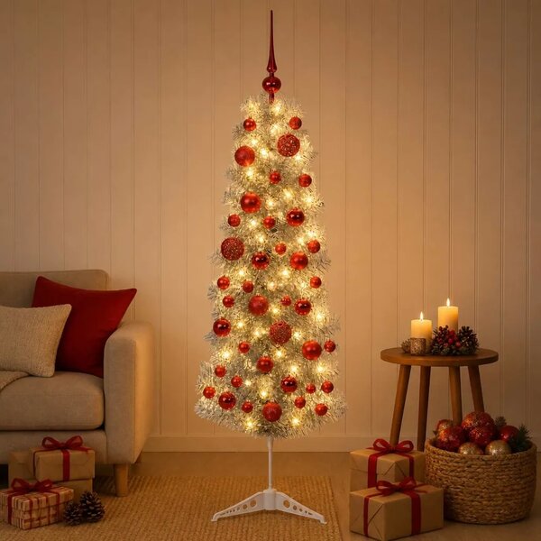 Umjetno usko božićno drvce s kuglicom 150 cm 150 LED lampica - 150 cm s LED-ima i crvenim lopticama
