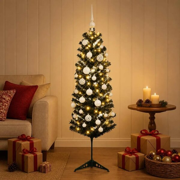 Umjetno usko božićno drvce s kuglicom 150 cm 150 LED lampica - 150 cm s LED žaruljama i bijelim kuglicama