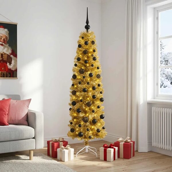 Umjetno usko božićno drvce s kuglicama 180 cm 300 LED lampica - 180 cm s LED-ima i crnim lopticama