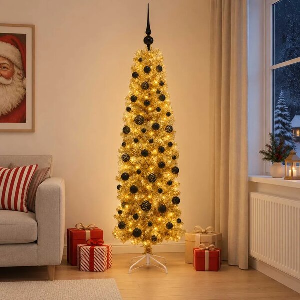 Umjetno usko božićno drvce s kuglicama 180 cm 300 LED lampica - 180 cm s LED-ima i crnim lopticama