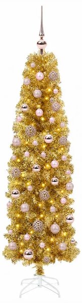 Umjetno usko božićno drvce s kuglicama 180 cm 300 LED lampica - 180 cm s LED-ima i ružičastim lopticama