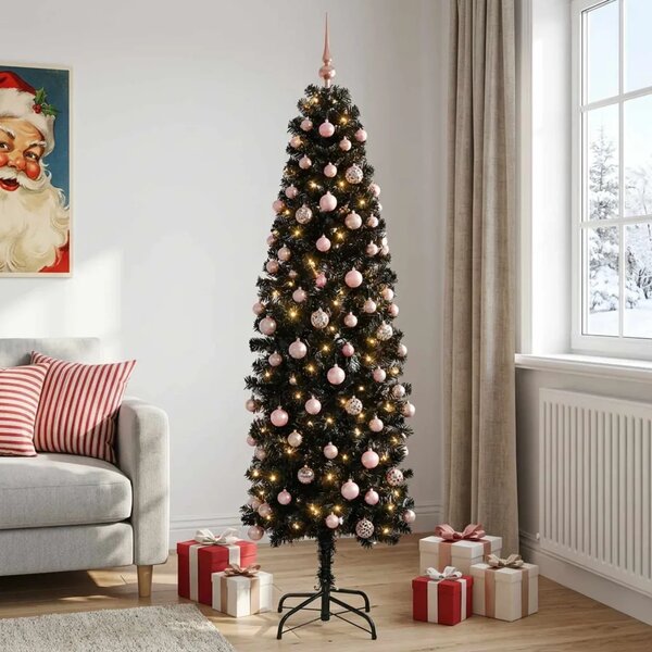 Umjetno usko božićno drvce s kuglicom 180 cm 300 LED lampica - 180 cm s LED-ima i ružičastim lopticama