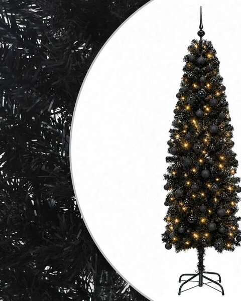 Umjetno usko božićno drvce s kuglicom 180 cm 300 LED lampica - 180 cm s LED-ima i crnim lopticama
