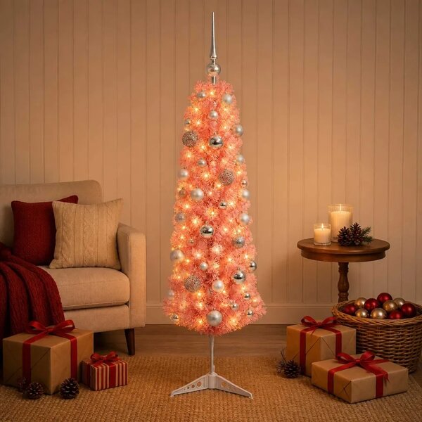 Umjetno usko božićno drvce s kuglicom 120 cm 150 LED lampica - 120 cm s LED-ima i srebrnim lopticama