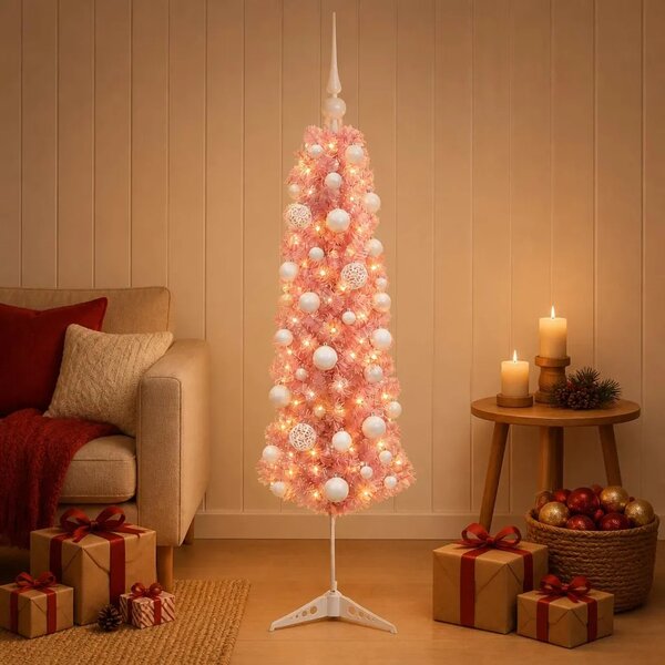 Umjetno usko božićno drvce s kuglicom 120 cm 150 LED lampica - 120 cm s LED žaruljama i bijelim kuglicama