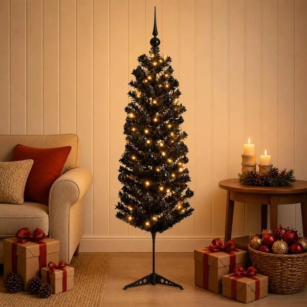 Umjetno usko božićno drvce s kuglicom 150 cm 150 LED lampica - 150 cm s LED-ima i crnim lopticama