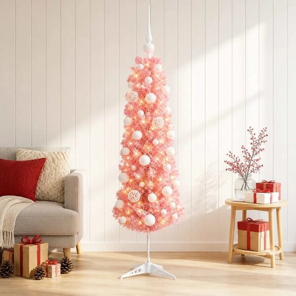 Umjetno usko božićno drvce s kuglicom 120 cm 150 LED lampica - 120 cm s LED žaruljama i bijelim kuglicama