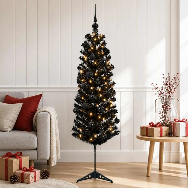 Umjetno usko božićno drvce s kuglicom 150 cm 150 LED lampica - 150 cm s LED-ima i crnim lopticama