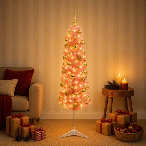Umjetno usko božićno drvce s kuglicama 120 cm 150 LED lampica - 120 cm s LED-ima i zlatnim/bronzanim kuglicama