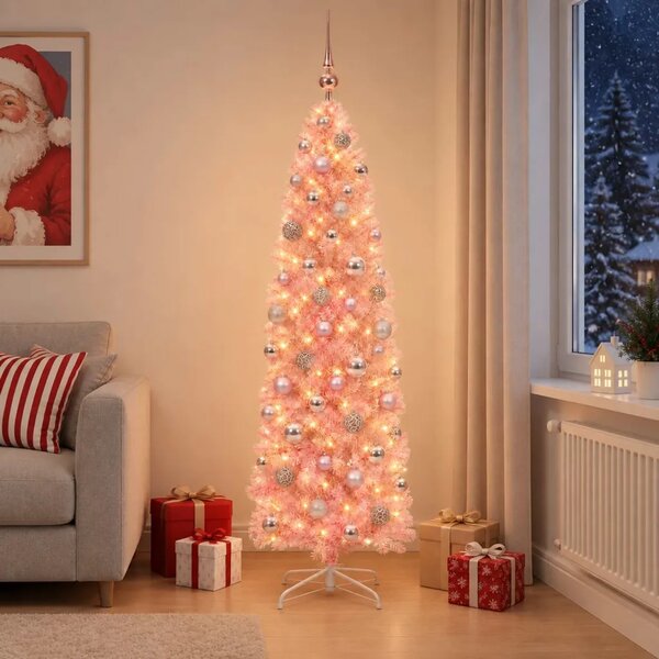 Umjetno usko božićno drvce s kuglicom 180 cm 300 LED lampica - 180 cm s LED-ima i ružičastim lopticama
