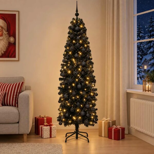 Umjetno usko božićno drvce s kuglicom 180 cm 300 LED lampica - 180 cm s LED-ima i crnim lopticama