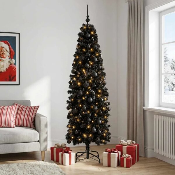 Umjetno usko božićno drvce s kuglicom 180 cm 300 LED lampica - 180 cm s LED-ima i crnim lopticama