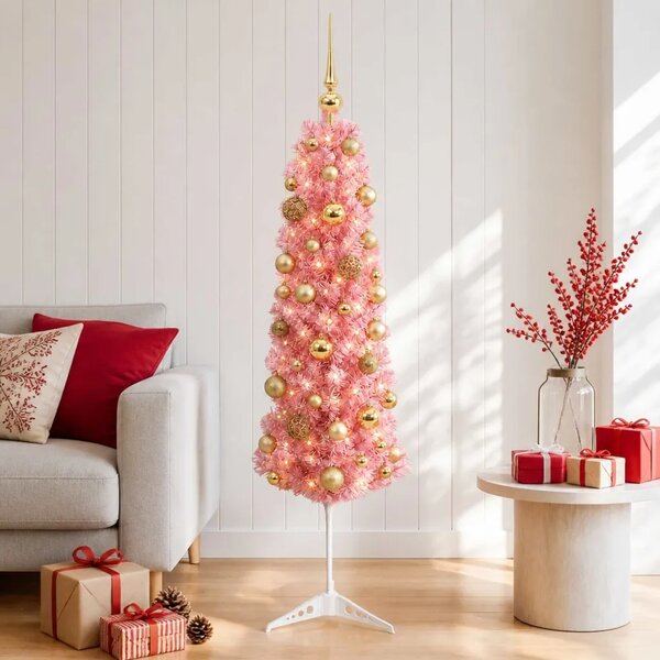 Umjetno usko božićno drvce s kuglicama 120 cm 150 LED lampica - 120 cm s LED-ima i zlatnim/bronzanim kuglicama