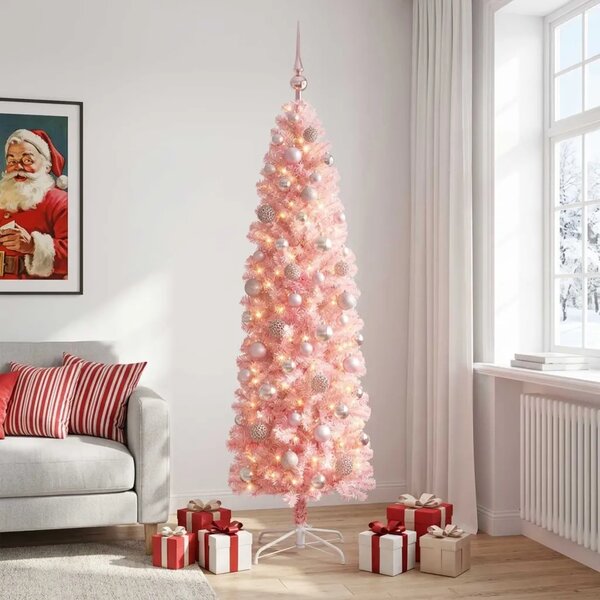 Umjetno usko božićno drvce s kuglicom 180 cm 300 LED lampica - 180 cm s LED-ima i ružičastim lopticama