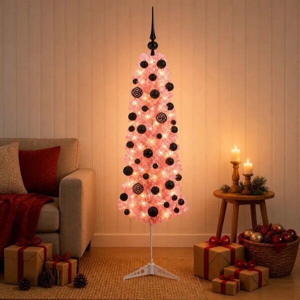 Umjetno usko božićno drvce s kuglicama 120 cm 150 LED lampica - 120 cm s LED-ima i crnim lopticama