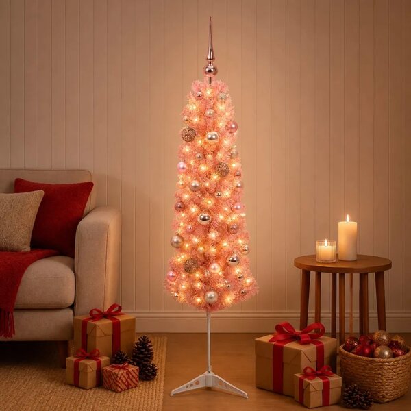 Umjetno usko božićno drvce s kuglicama 120 cm 150 LED lampica - 120 cm s LED-ima i ružičastim lopticama