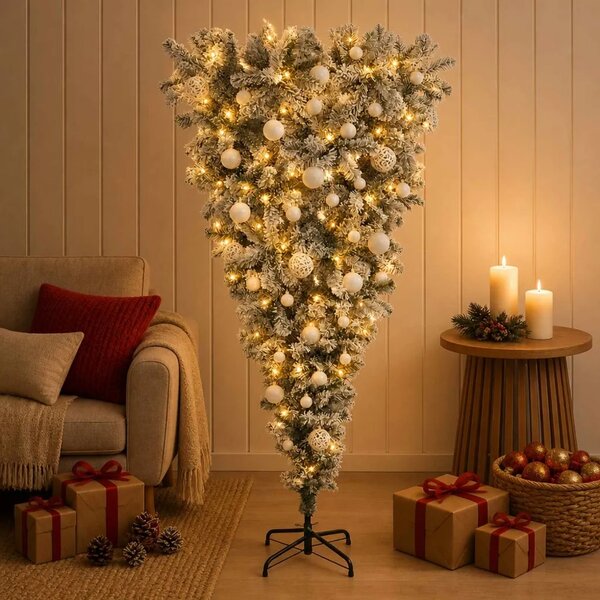 Obrnuto umjetno božićno drvce s granama 150 cm 150 LED lampica - 150 cm s LED žaruljama i bijelim kuglicama