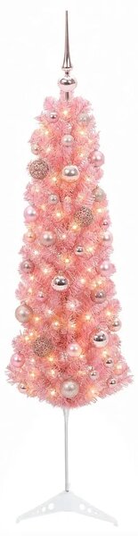 Umjetno usko božićno drvce s kuglicama 120 cm 150 LED lampica - 120 cm s LED-ima i ružičastim lopticama