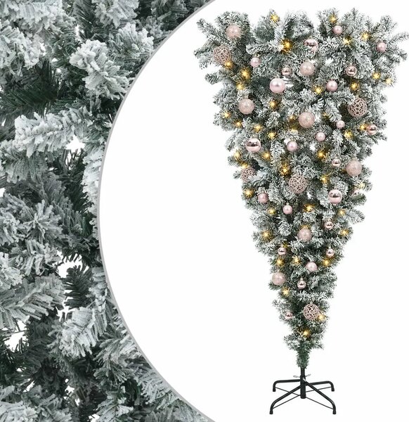 Obrnuto umjetno božićno drvce s granama 150 cm 150 LED lampica - 150 cm s LED-ima i ružičastim lopticama