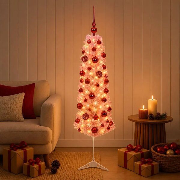 Umjetno usko božićno drvce s kuglicama 120 cm 150 LED lampica - 120 cm s LED-ima i crvenim lopticama