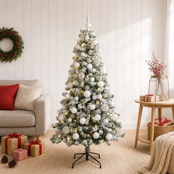 Umjetno božićno drvce s kuglicama 120 cm 150 LED lampica - 120 cm s LED žaruljama i bijelim kuglicama