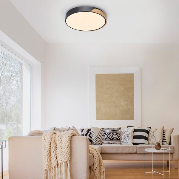 Q-Smart-Home Paul Neuhaus Q-BILA LED stropna svjetiljka, crna/hrast, prigušiva, Crno, Dnevni boravak/blagovaonica, Metal