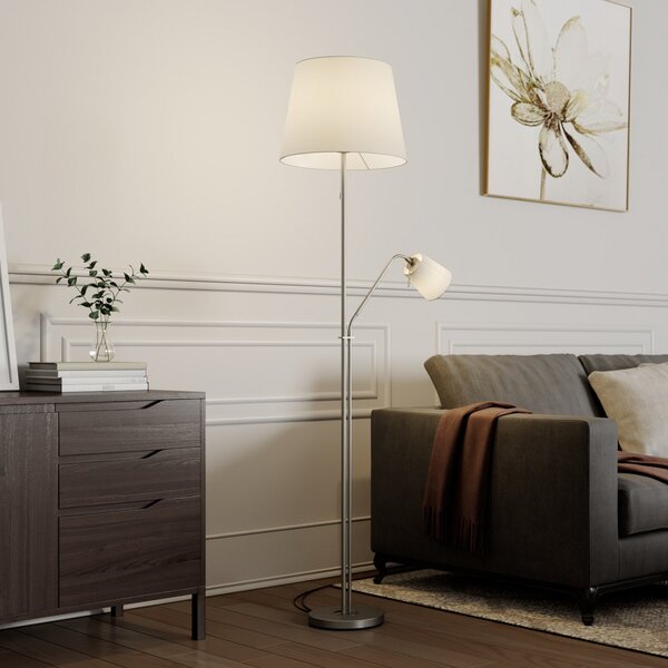 Lindby podna lampa Nantwin, 175 cm, bijela, nikal, tekstil, Bijela, Dnevni boravak/blagovaonica, Tkanina / tekstil, Svjetlo za čitanje