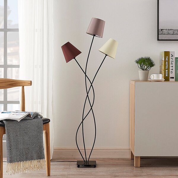Lindby podna lampa Melis, 130 cm, tri žarulje, tekstil, Sivo, Dnevni boravak/blagovaonica, Tkanina / tekstil