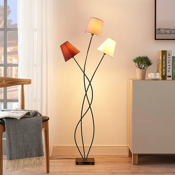 Lindby podna lampa Melis, 130 cm, tri žarulje, tekstil, Sivo, Dnevni boravak/blagovaonica, Tkanina / tekstil