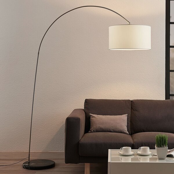 Lindby Belinda lučna podna lampa, sjenilo od bijele tkanine, Metalik, Dnevni boravak/blagovaonica, Tkanina / tekstil